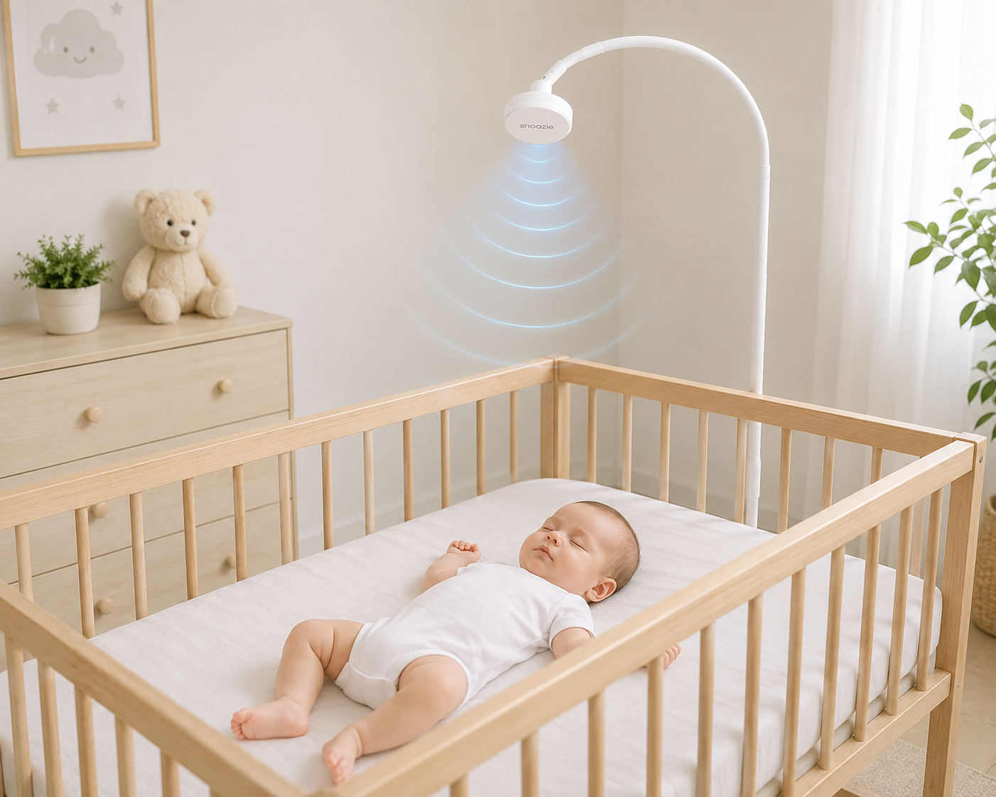 Snoozie sleep tracker beside a baby sleeping in a cot